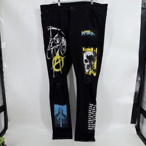 GFTD Men's Black Graphic Distressed Jeans 42x34 Skull Punk Grunge